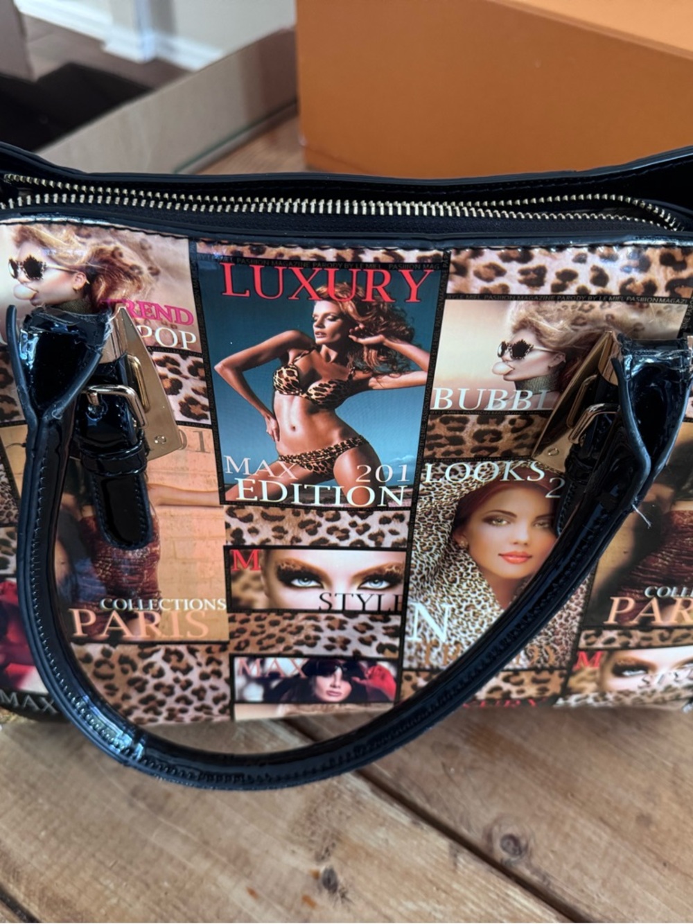 Leopard Patchwork Satchel Bag - Black Trim